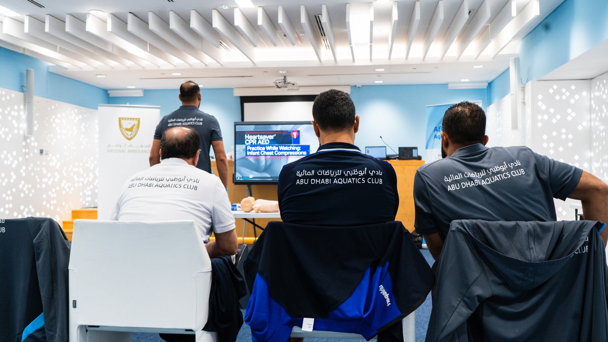 ADAquaticsClub's tweet photo. We are delighted to announce that all of our coaches successfully completed the Heartsaver First Aid CPR AED course, conducted by The National Ambulance, and earned certification from (AHA) https://t.co/iSdFF7xy3g