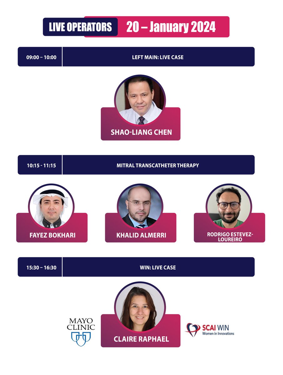 SACIS (@sacis_ksa) on Twitter photo Focal point of #SACIS_Studio is live cases
🛰️ Jan 18
1 Endovasc <a href="/DrOwayed/">د. عويد الشمري</a>🇸🇦
2 CTO <a href="/wagarhabib/">wagar ahmed د. وقار حبيب</a> <a href="/GLGasparini/">Gabriele Gasparini</a>🇸🇦
3 #TAVR <a href="/AdamGreenbaumMD/">Adam Greenbaum</a>🇺🇸
🛰️Jan 19
1 Ca Mx <a href="/kfaraidy/">Dr. Khalid Al Faraidyالدكتور خالد الفرائضي</a>🇮🇹
2 ACHD🇮🇪
3 <a href="/BifurcationClub/">European Bifurcation Club</a>🇬🇧
🛰️Jan 20
1 LM PCI <a href="/shaoliang_chen/">Shaoliang Chen</a>🇨🇳
2 MTEER <a href="/fayezbaraah/">Fayez Baraah</a>🇸🇦
3 WIN <a href="/claireraph/">Claire Raphael</a>🇺🇸 Focal point of #SACIS_Studio is live cases
🛰️ Jan 18
1 Endovasc <a href="/DrOwayed/">د. عويد الشمري</a>🇸🇦
2 CTO <a href="/wagarhabib/">wagar ahmed د. وقار حبيب</a> <a href="/GLGasparini/">Gabriele Gasparini</a>🇸🇦
3 #TAVR <a href="/AdamGreenbaumMD/">Adam Greenbaum</a>🇺🇸
🛰️Jan 19
1 Ca Mx <a href="/kfaraidy/">Dr. Khalid Al Faraidyالدكتور خالد الفرائضي</a>🇮🇹
2 ACHD🇮🇪
3 <a href="/BifurcationClub/">European Bifurcation Club</a>🇬🇧
🛰️Jan 20
1 LM PCI <a href="/shaoliang_chen/">Shaoliang Chen</a>🇨🇳
2 MTEER <a href="/fayezbaraah/">Fayez Baraah</a>🇸🇦
3 WIN <a href="/claireraph/">Claire Raphael</a>🇺🇸