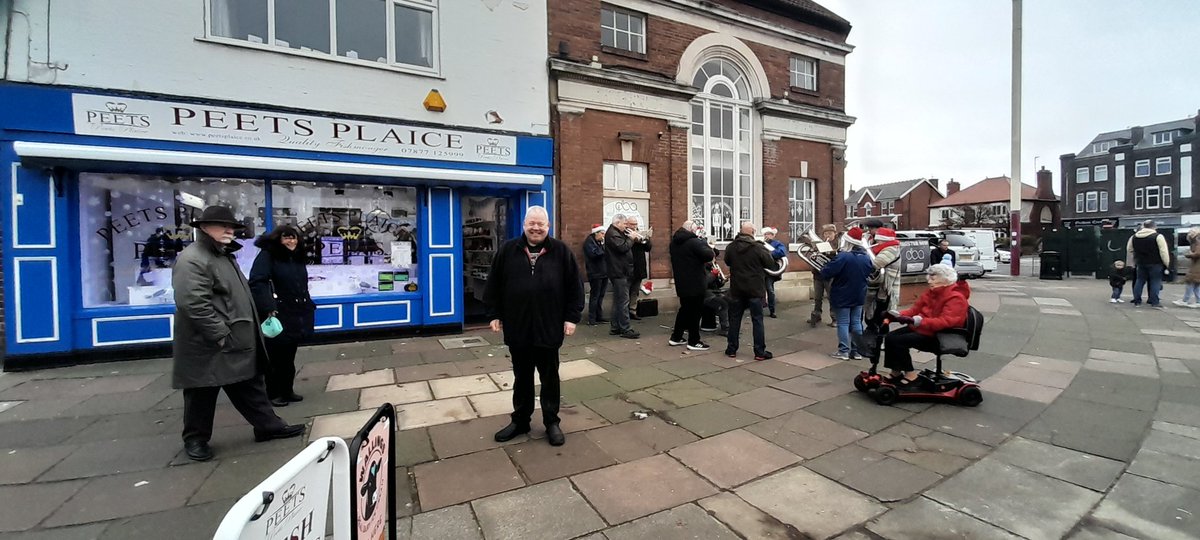 We are outside <a href="/PeetsPlaice/">Peets Plaice</a> with the <a href="/MarshsideBrass/">Marshside Brass Band</a> in <a href="/ChurchtownNW/">Churchtown Village</a> #Southport for Carols on the Street. They are here until 11am.