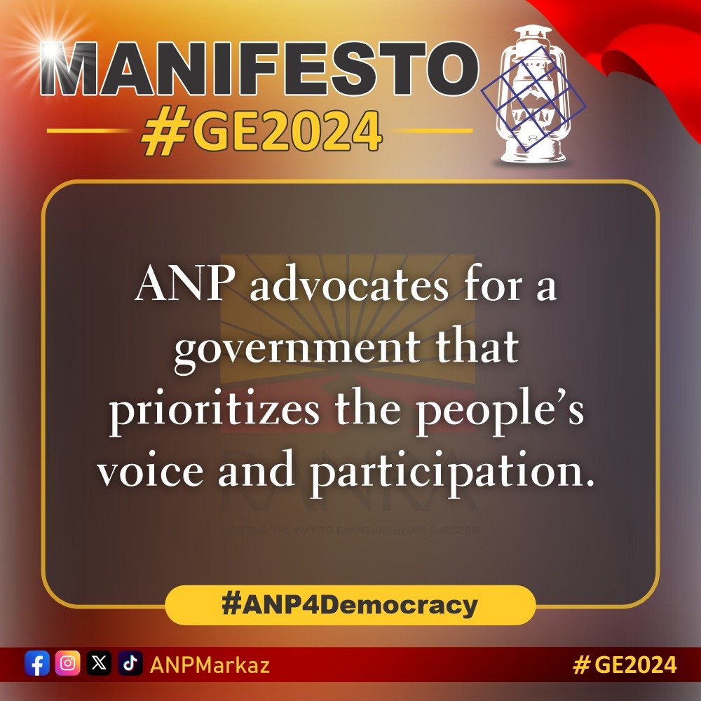 ANPOPakhtunkhwa's tweet photo. ANP advocates for a government that prioritizes the people's voice and participation. Our commitment is to foster inclusive governance, ensuring that the aspirations and concerns of the people are at the forefront of the decision-making process. 
#ANP4Democracy https://t.co/8NLO8yBmCt