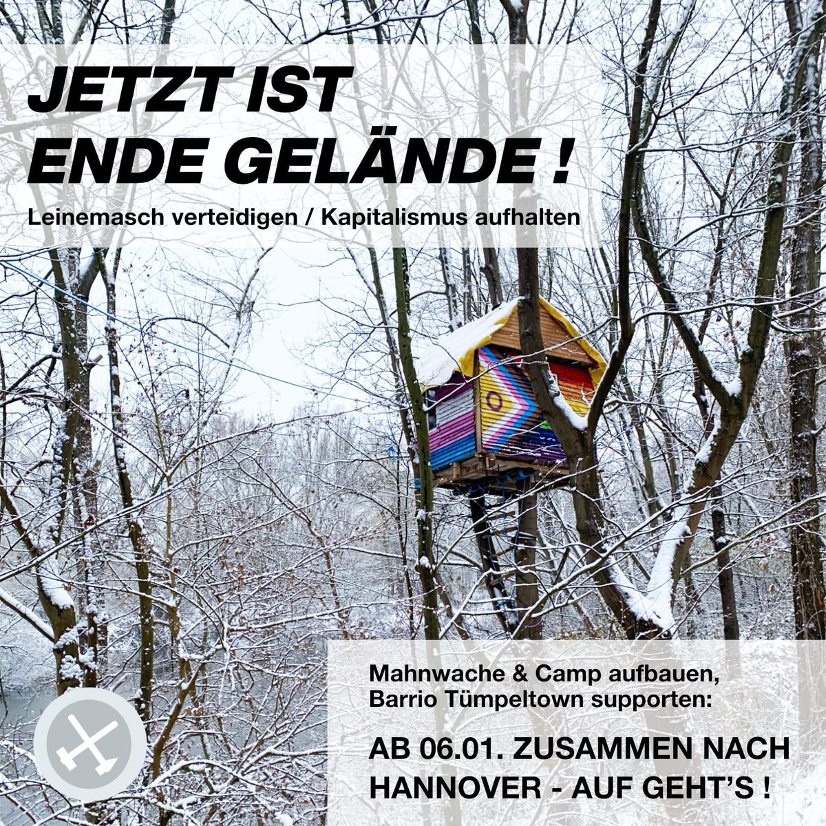 EG_Hannover's tweet photo. (1/2) Gemeinsam gegen die Rodung in der Leinemasch! 

Die Hinweise verdichten sich, dass im Januar die Räumung/Rodung der Leinemasch geplant ist. Dem stellen wir uns als Klimabewegung entgegen! https://t.co/983NLgdmFk