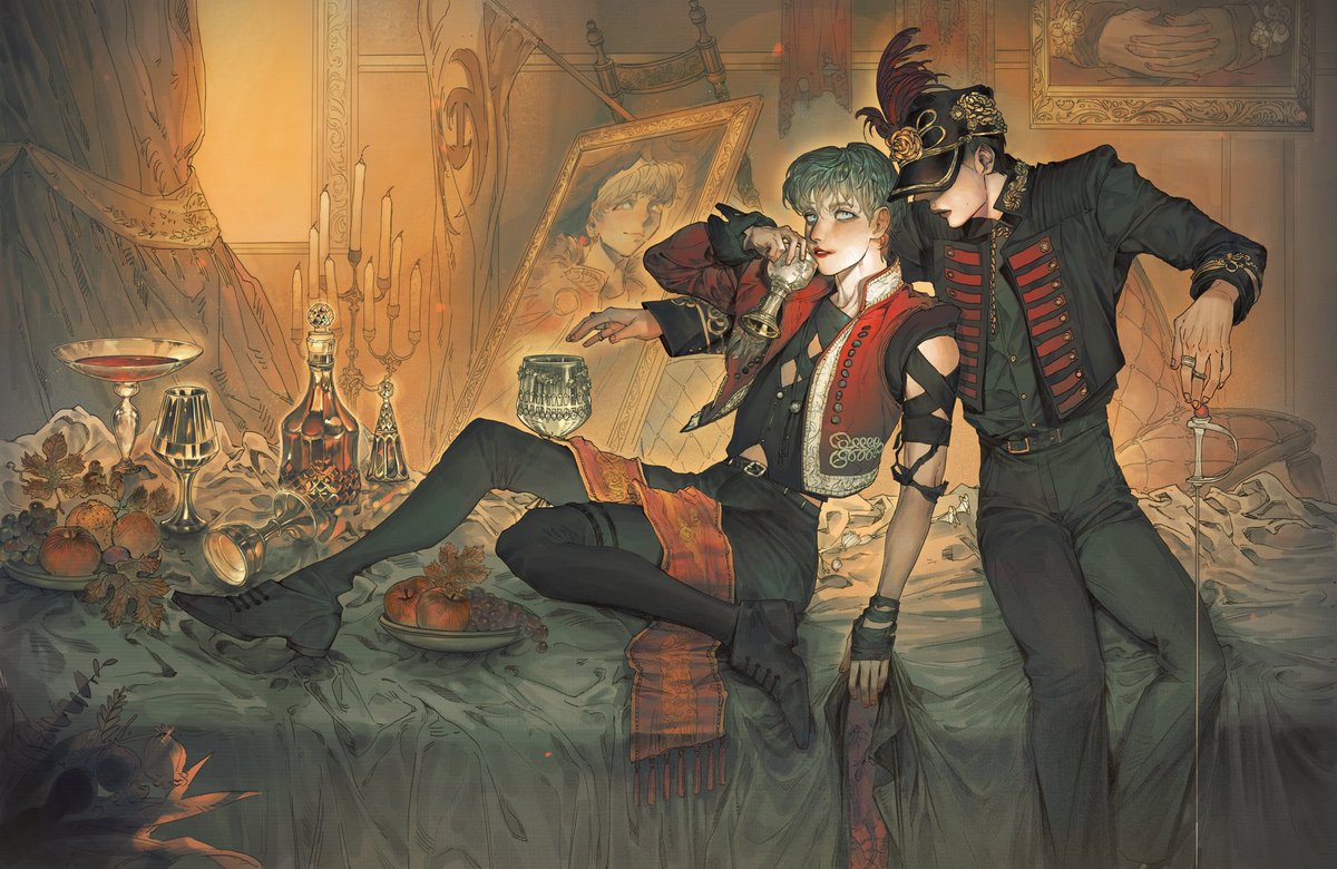 #ATEEZfanart #yungi
#YUNHO #MINGI 
「在腐朽的皇室倾覆之前……」 

旼润 
声势显赫的军官与纵情恣意的王子