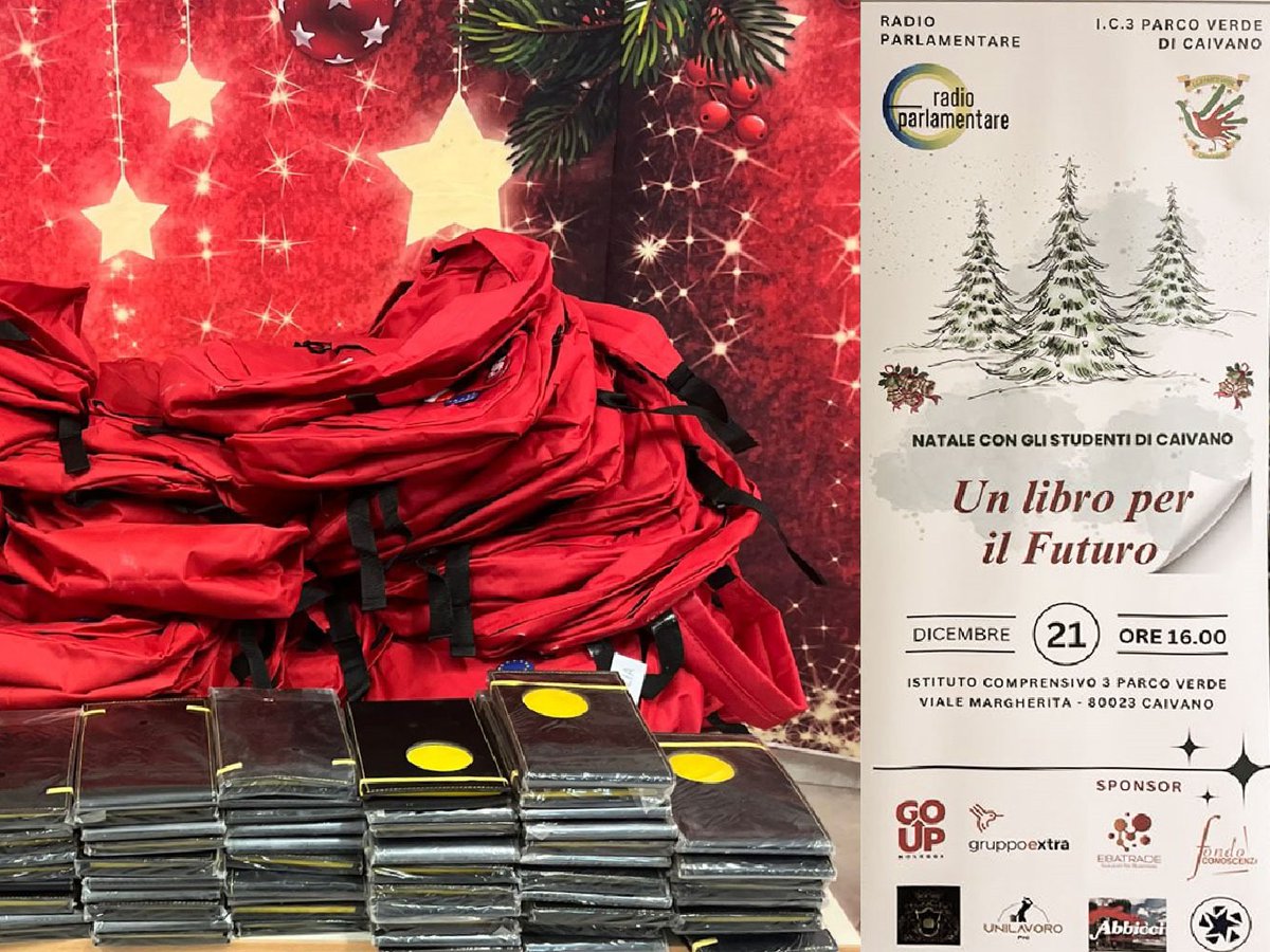 SenatoStampa's tweet photo. #Natale a #Caivano: #UnLibroperilFuturo. Agli studenti dell'I.C.3 #ParcoVerde il Presidente @Ignazio_LaRussa ha inviato gli zainetti del #Senato con i fumetti sui principi fondamentali della #Costituzione, matite, penne, quaderni e il Testo della Dichiarazione dei #DirittiUmani https://t.co/Nw64BY4HyX