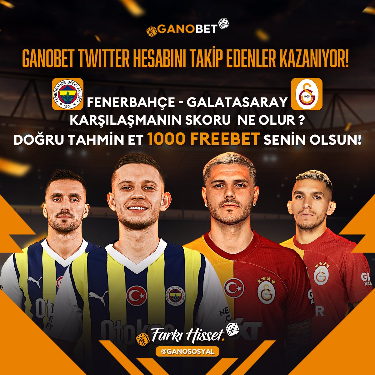 GANOBET TWİTTER HESABINI TAKİP EDENLER KAZANIYOR!

FENERBAHÇE - GALATASARAY
 
Karşılaşmanın skoru  ne olur ?
Doğru Tahmin Et 1000 FREEBET senin olsun!