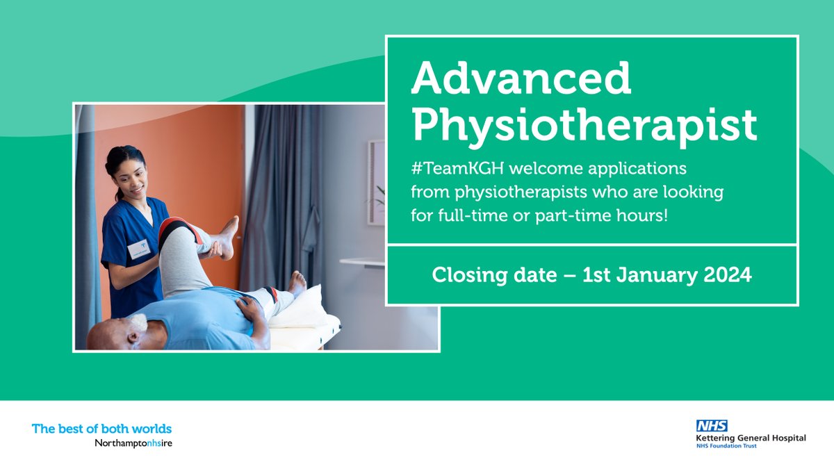 We have an exciting opportunity for 2 dynamic and enthusiastic Physiotherapists with a passion for acute care to join the forward-thinking and highly regarded Cardiorespiratory Therapy Team at <a href="/KettGeneral/">Kettering General Hospital</a> - zurl.co/I2D4 #TeamKGH #NHS #Careers