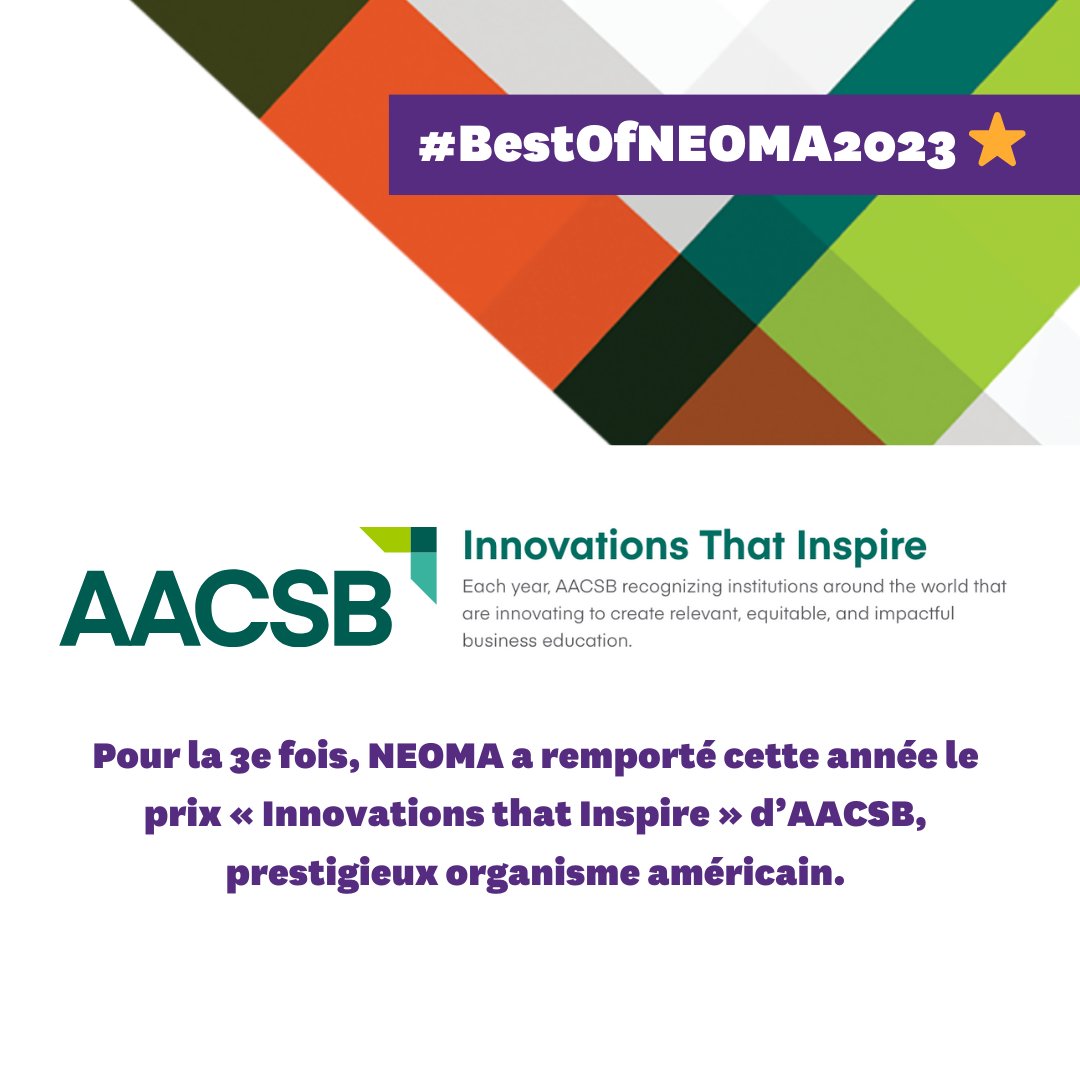 NEOMAbs's tweet image. #BestOfNEOMA2023 ⭐

Pour la 3e fois, #NEOMAbs a remporté cette année le prix «Innovations that Inspire» d’AACSB, prestigieux organisme américain. C’est avec ses cours en Interactive Learning (ou iLearning) que l’Ecole s’est illustrée. 🙌 🙌 🙌

ow.ly/Gh2o50Ql0rT