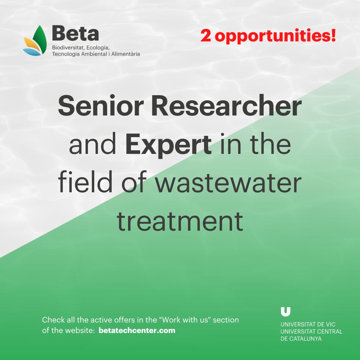 BETA_TechCentre's tweet photo. 📣  You have never had so many opportunities to work with us!

➡️  We are looking for researchers and technicians to work in the fields of sustainability assessment, governance, wastewater treatment and soil management. 

Apply here:
https://t.co/fdegmWGLC8 https://t.co/dm3ZJ9luSg
