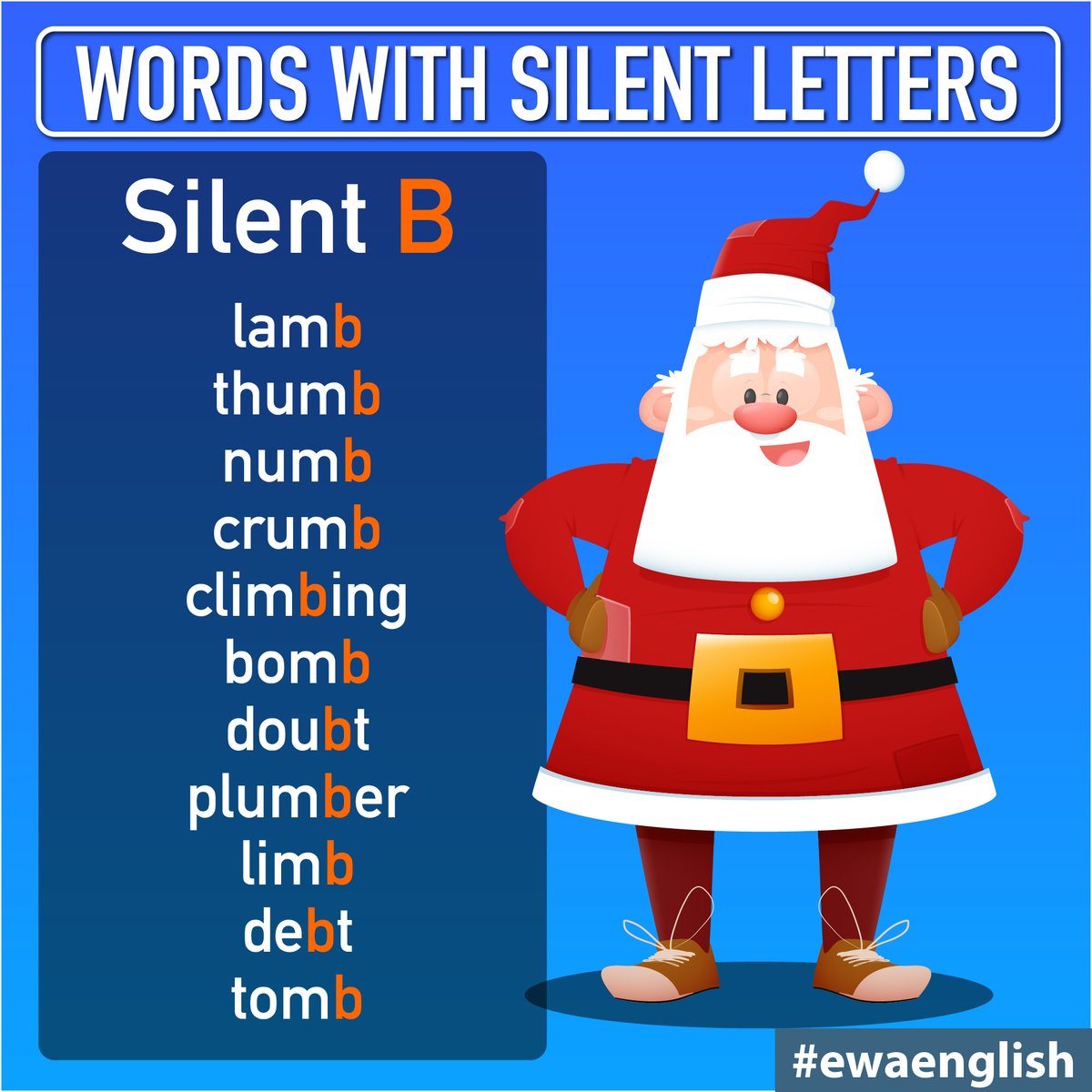 ewa_app's tweet photo. English words with the silent letter B 🤫 #english #silentletters #englislesson https://t.co/2Tj68tMwg5