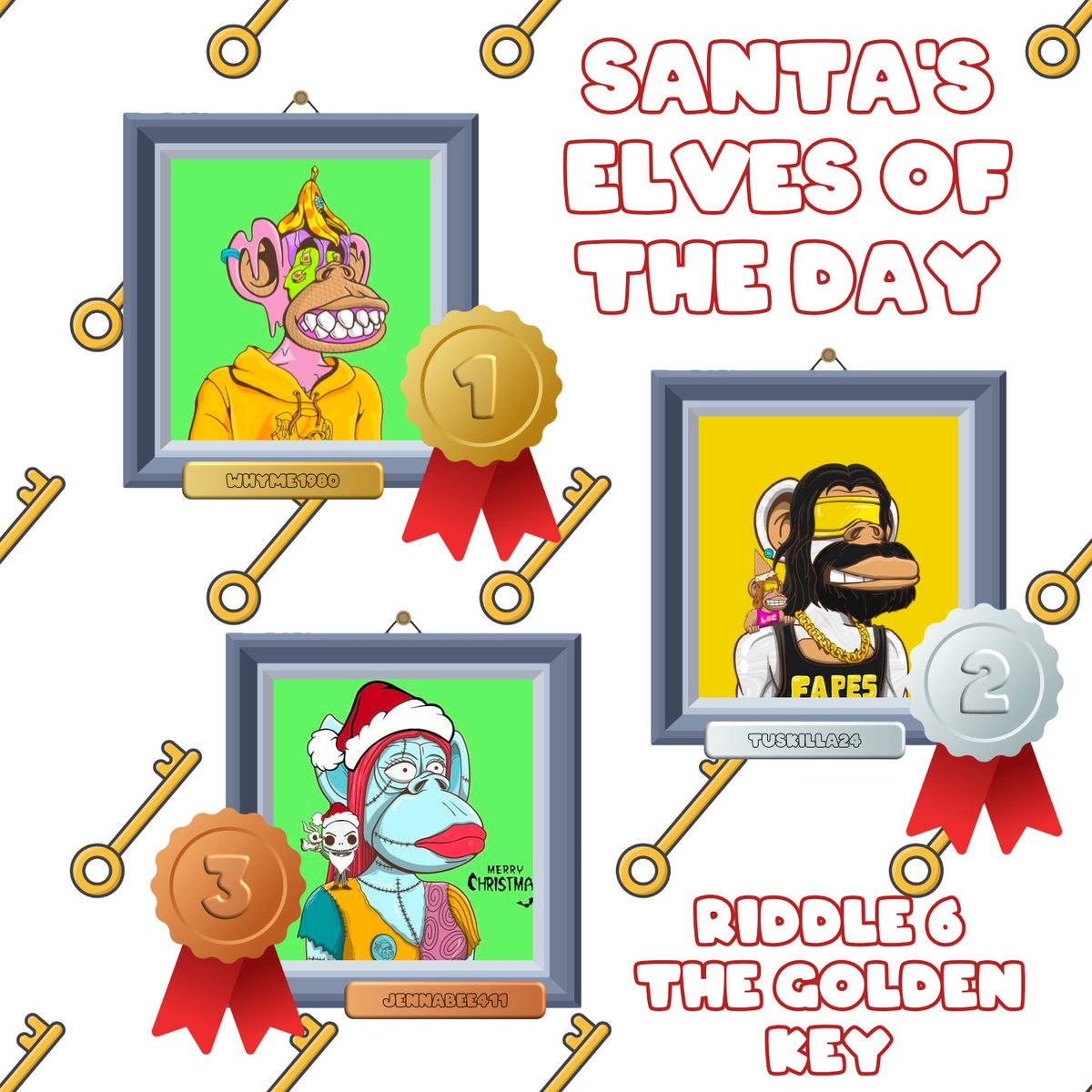FunsMas's tweet photo. The Grinch tried to sabotage Christmas again. But thanks to our sharp elves, the golden key was quickly found 🔑

Special thanks to @WhyMe1980 @Tuskilla24 &amp; @JennaBee411 for checking all those socks so fast 🧦 

P.S.
The 3 finalist will be revealed 🔜 👀 

#FunsMas #FunApesNFT https://t.co/ukPEDdxqrw