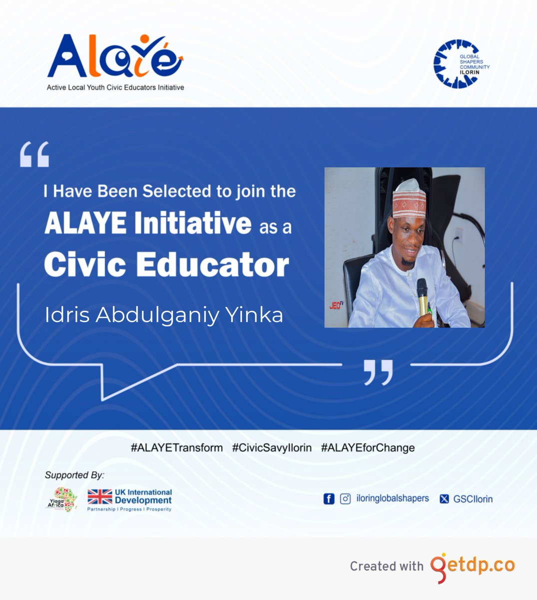 AbdulganiyYinka's tweet photo. Honored to be part of the ALAYE Initiative as a Civic Educator! Ready to champion democracy and drive civic prosperity through impactful actions in my community.  #ALAYETransforms #CivicSavvyIlorin #ALAYEforChange 
#Ilorin Global Shapers 
#Yiaga Africa https://t.co/9f3gxYex27