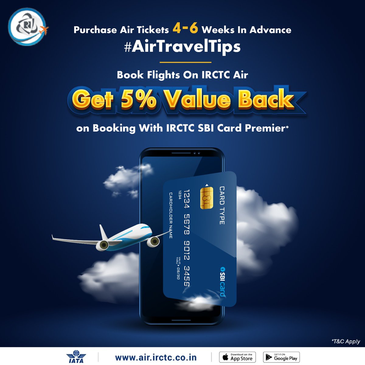 IRCTCofficial's tweet photo. You may not always find last-minute deals on flights. 

It's best to book domestic/international flights on https://t.co/7OcpVDKkEg or the #IRCTC #Air app 4-6 weeks in advance. Use IRCTC SBI Card Premier for 5% #ValueBack.

#FlightBookings #AirOffer #AirTravelTips #TravelDeals #TravelTheWorld #ExploreMore