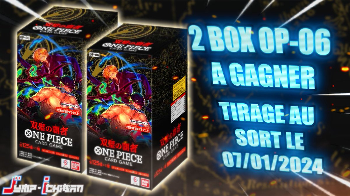 🚨CONCOURS ONE PIECE🚨

<a href="/JumpIchibanjp/">JUMP ICHIBAN</a> et moi on vous offre l'occasion de remporter 2 DISPLAYS du nouveau set de cartes One Piece OP-06 !

Pour participer c'est TRES simple 👇

✅- Follow <a href="/JumpIchibanjp/">JUMP ICHIBAN</a> &amp; <a href="/GojiYoutube/">Goji</a> 
🔁- RT &amp; Like ce Tweet
👏- Tag un(e) ami(e)

Bonne chance👀