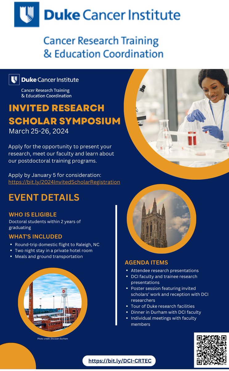 Please share: The Duke Cancer Institute (DCI) Office of Cancer Research Training & Education Coordination will host an Invited Scholar Research Symposium, March 25-26, 2024. Target audience is senior graduate students external to Duke. Apply at: bit.ly/2024InvitedSch…