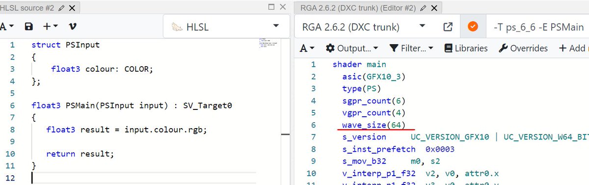 KostasAAA's tweet image. Interesting that the compiler appears to default compute shaders to 32-thread waves on AMD's RDNA GPUs while pixel shaders default to 64-thread waves. Shorter waves favour divergent workflows, as screen space lighting work often is for eg, as they allow a wave to retire earlier.