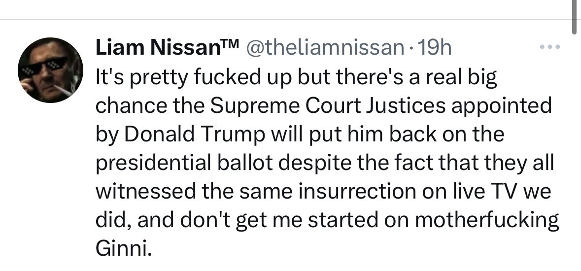 My sole hesitance in referring to Ginni Thomas as a “motherfucker” is that as a motherfucker, her evil intent would have been more limited in scope and direction. She’s busy fucking over our entire democracy and its future— so she’s more of a nationfucker.