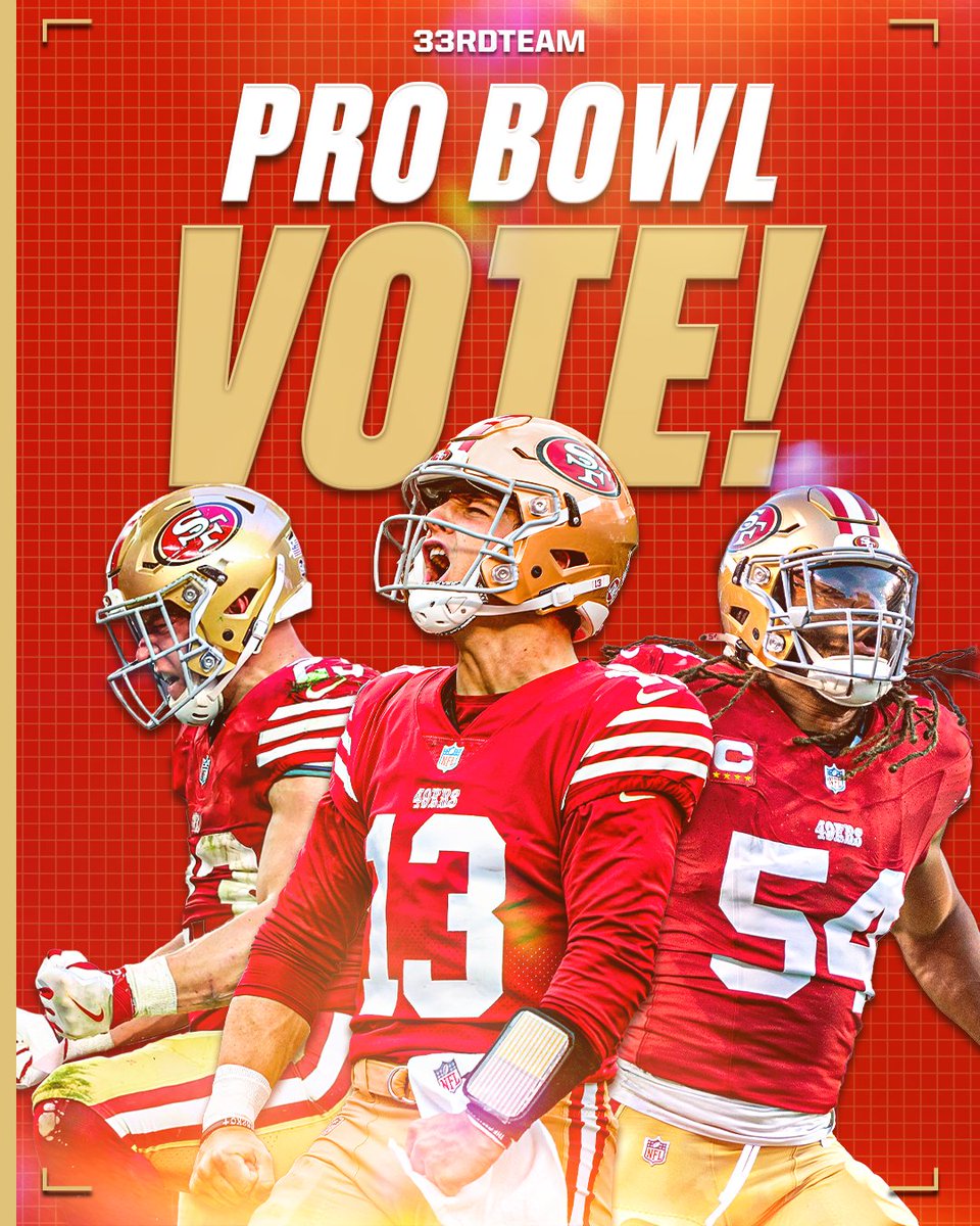 Let's keep dominating the #ProBowlVote 
1 RT = 1 Vote

#ProBowlVote📷 + Brock Purdy
#ProBowlVote📷 + Christian McCaffrey
#ProBowlVote📷 + Deebo Samuel
#ProBowlVote📷 + Brandon Aiyuk
#ProBowlVote📷 + George Kittle
#ProBowlVote📷 + Trent Williams
#ProBowlVote📷 + Aaron Banks