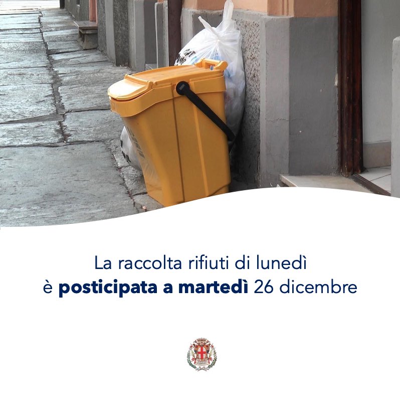 ‼️Si ricorda che nelle zone di Savigliano dove la raccolta dei rifiuti (RSU o CARTA) è prevista il lunedì, in occasione del Natale - lunedì 25 dicembre - si posticiperà a martedì 26 dicembre
.
.
.
#savigliano #vivosavigliano #rifiuti