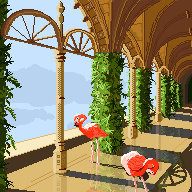 kroimmm's tweet photo. 空中庭園
#ドット絵 #Pixelart #庭園 #回廊 #鳥 #フラミンゴ
寒いので暖かそうなところが描きたくなりました！ https://t.co/M9ig6b8Mt8