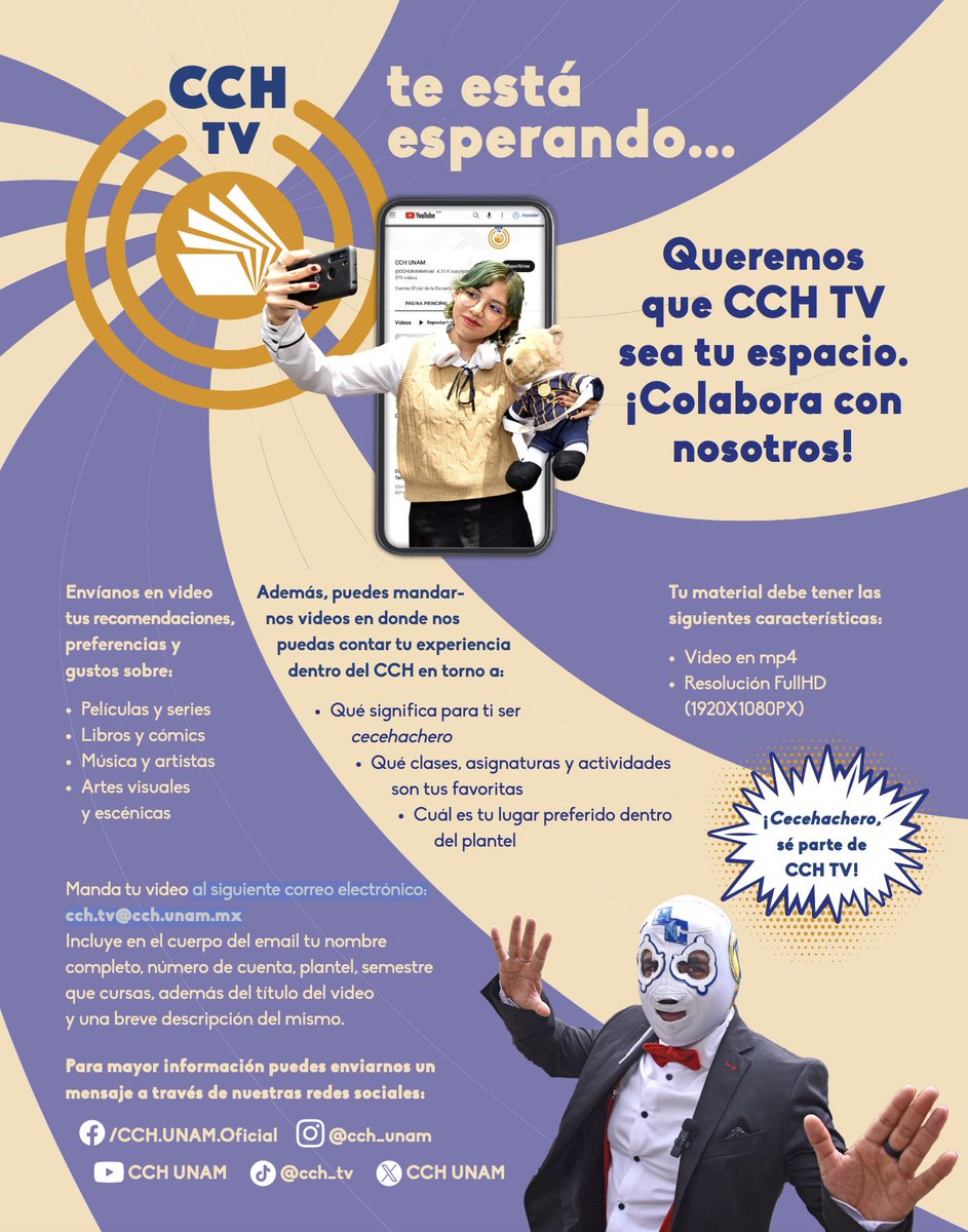 CCHVallejo_Ofi's tweet photo. Participa en #CCHTV 📲a través de un vídeo con recomendaciones de películas, series, libros, música, artes o también tu día a día en #Vallejo.☺️
Consulta la convocatoria y envía tu proyecto al correo electrónico:
📩 cch.tv@cch.unam.mx https://t.co/TDd6sNNWDv