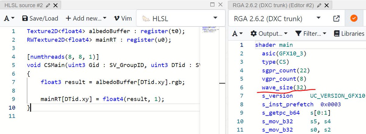KostasAAA's tweet image. Interesting that the compiler appears to default compute shaders to 32-thread waves on AMD's RDNA GPUs while pixel shaders default to 64-thread waves. Shorter waves favour divergent workflows, as screen space lighting work often is for eg, as they allow a wave to retire earlier.