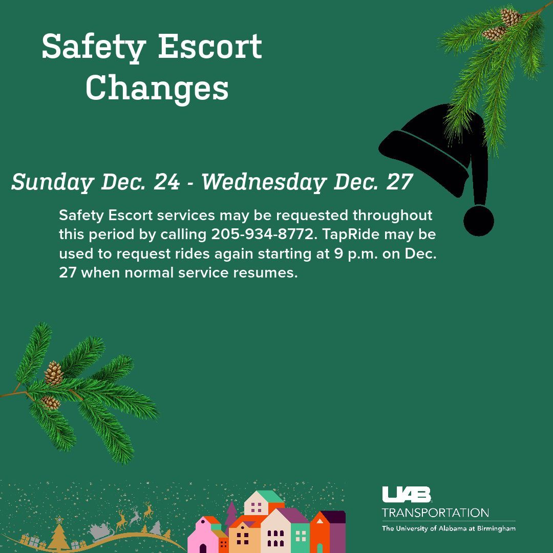 Be advised that UAB alters some transportation services for the Christmas holiday! ❄️ 🎁 

Medical center employees with permits in the Express parking lots should follow the normal holiday parking plan and use the 6th Avenue Parking Deck.