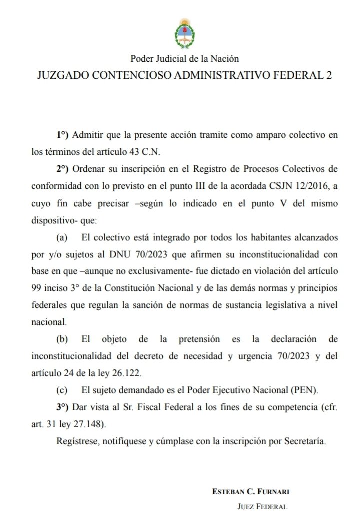¡Muy importante! 
La Justicia Nacional declaró la admisibilidad de un Amparo Colectivo contra el Estado Nacional por la inconstitucionalidad del DNU de Milei.
Se aprobó la inscripción del juicio en el Registros de Procesos Colectivos.