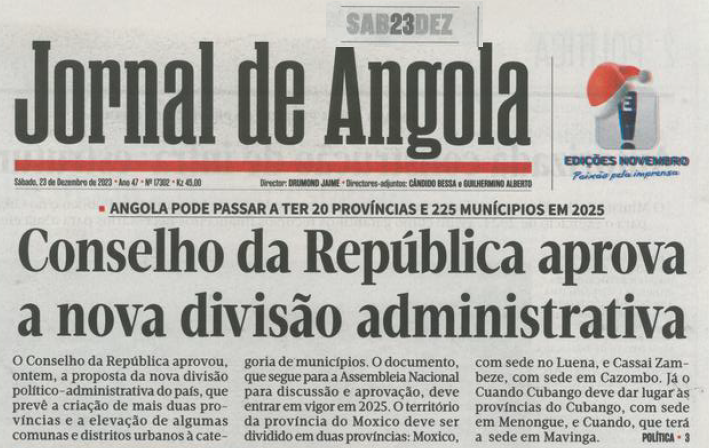 elcalmeida's tweet photo. #Angola, em 2025, passará a ter 20 províncias e 325 municípios. As duas novas províncias saem da divisão das províncias do #Moxico (Moxico com capital em #Luena e #Cassai_Zambeze, com sede em #Cazombo) e do #Cuando_Cubango (#Cubango, capital #Menongue e #Cuando, sede #Mavinga) https://t.co/x5SmLpI7sE