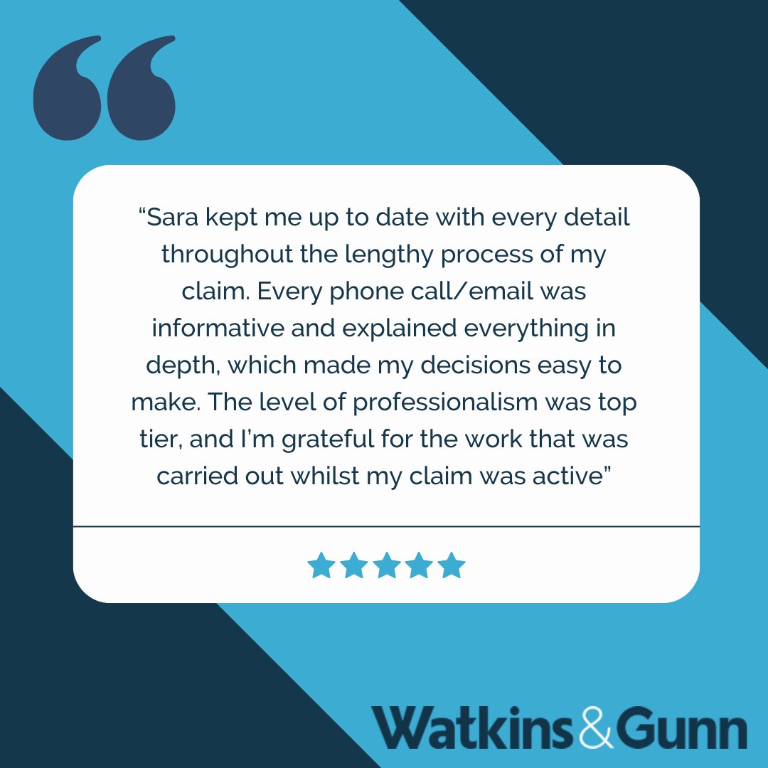 We appreciate receiving feedback from our clients! Here is a review from another satisfied client about Sara Jones on our Personal Injury team.

If you need assistance with an accident claim, please contact us today at 0300 1240 400 or text claim to 88440

#watkinsandgunn #review