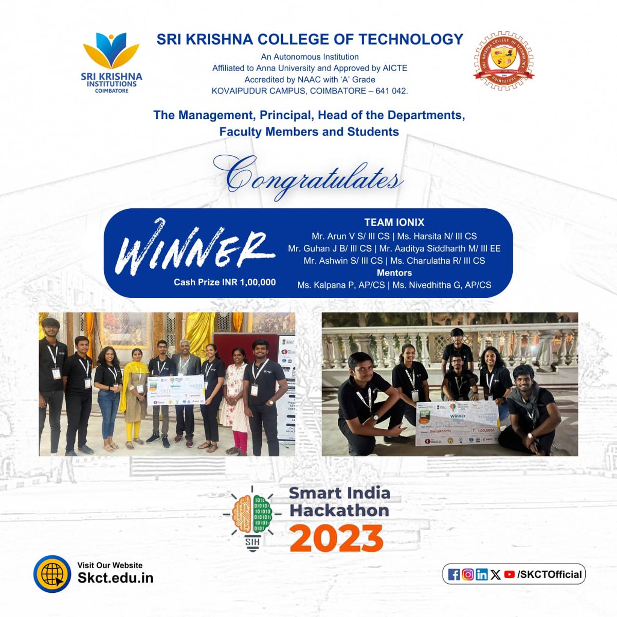 skct_cse's tweet photo. #SmartIndiaHackathon2023 #winners #skct @AICTE_INDIA @anandmahindra @it_skct @mhrd_innovation @PMOIndia @skct__official @skctece @ugc_india https://t.co/Z5aueKFtOu