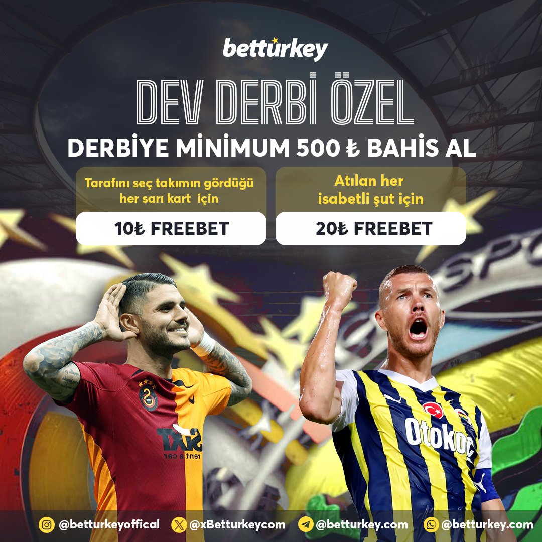 🪙 SINIRSIZ FREEBET Betturkey'de 🧡 Avrupa yakası mı ? / Anadolu yakası mı ? ⚽️ İcardi mi ? Dzeko mu ? 🤍 Kıtalar arası Derbi heyecanını Birlikte yaşayalım ⚽️ Tarafını seç Takımının Kaleyi bulan her şutu 20 #FREEBET 🟡 Tarafını seç Takımının gördüğü her sarı kart…