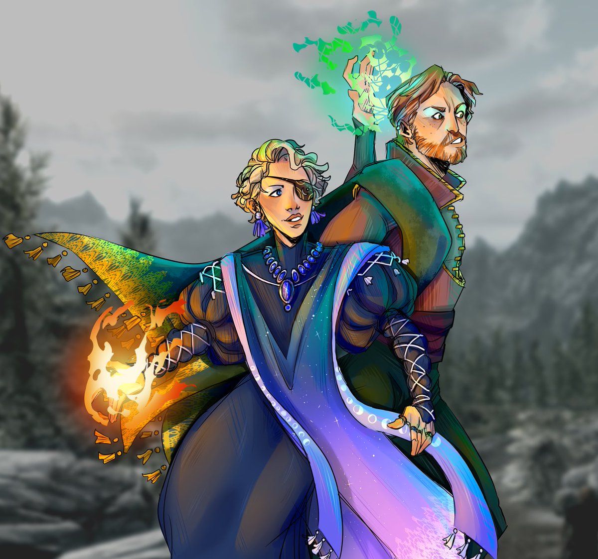 Christmas art for a friend featuring a skyrim screenshot background - gotta love some spicy wizards