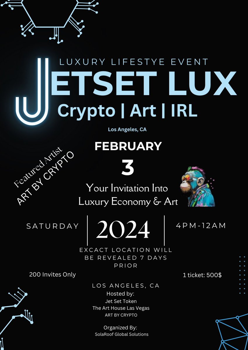 SolarPunkSteven's tweet photo. Just secured my spot for the JETSET LUX event β where luxury meets the avant-garde in #art and #crypto. Excited to announce CRYPTO THE ARTIST will be showcasing work! π
#JetsetLux #Web3Elite #LuxuryEvent #LAExclusive https://t.co/qIuggUwzWf