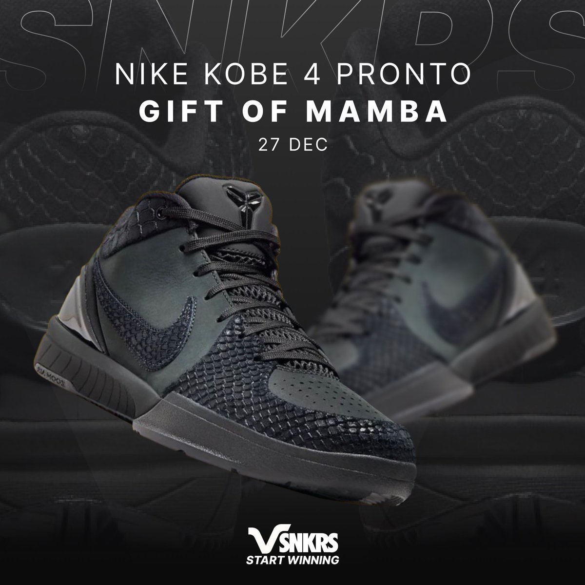 Kobe 4 Pronto 'Gift Of Mamba' 🐍 Dropping on 27/12 - very limited quantities Get VenomSNKRS today to secure multiple pairs 🎁 ❤️ + ♻️