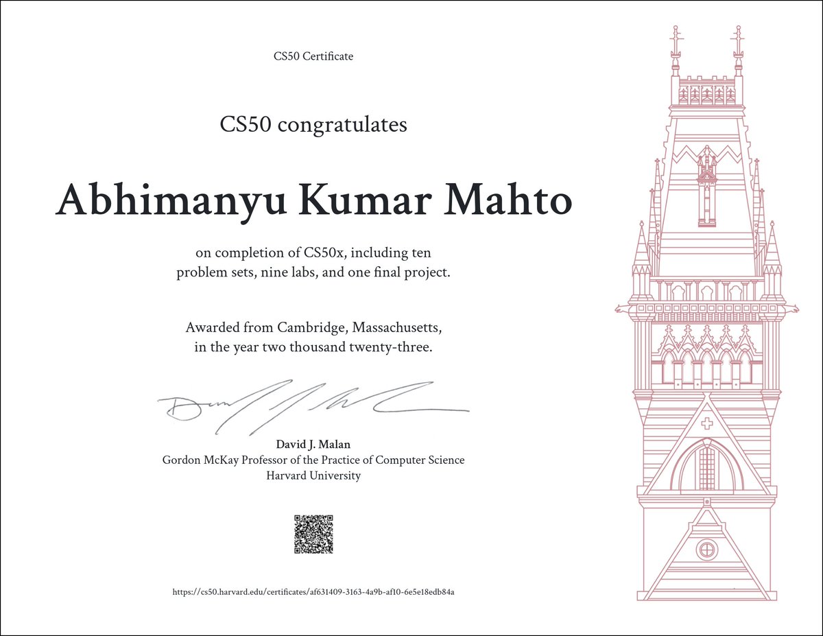 Abhimanyu_codes's tweet photo. Excited to share the completion of CS50x by Harvard! 🎓 Huge thanks to @davidjmalan for guiding us through the world of computer science, and @cs50 for the transformative experience. 🚀✨ Onwards to new tech horizons! #CS50xComplete #HarvardCS50 #ComputerScienceJourney https://t.co/DgfQGemFmW
