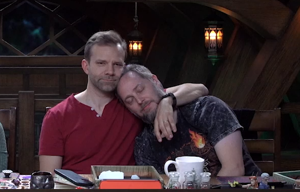 jamarish's tweet photo. This is so funny Liam just looks at his watch and I guess he decides it's cuddling Taliesin time? Nothing else seems to prompt it? They just reached hug your friend time? #CriticalRole https://t.co/iMOjFWVu64
