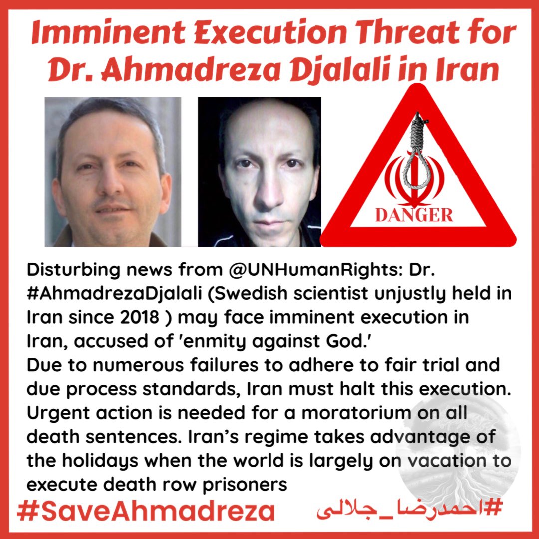 Urgent: Disturbing news from @UNHumanRights: Dr. #AhmadrezaDjalali may face imminent execution in Iran.  #SaveAhmadreza .#IRGCterrorists takes advantage of the holidays when the world is largely on vacation to execute death row prisoners.
#احمدرضا_جلالی