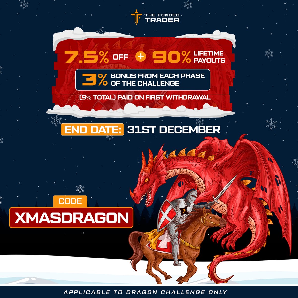CHRISTMAS PROMOTIONS LIVE 🎄🎁

👑Rapid, Royal, Standard Only
Terms: 15% off + 85% Lifetime Payouts  + 150% Bonus based on challenge fee + 2% Bonus from each phase of the challenge (4% total) paid on first withdrawal
End Date: 31st December
Code: KINGDOMXMAS

🐉 Dragon Challenge