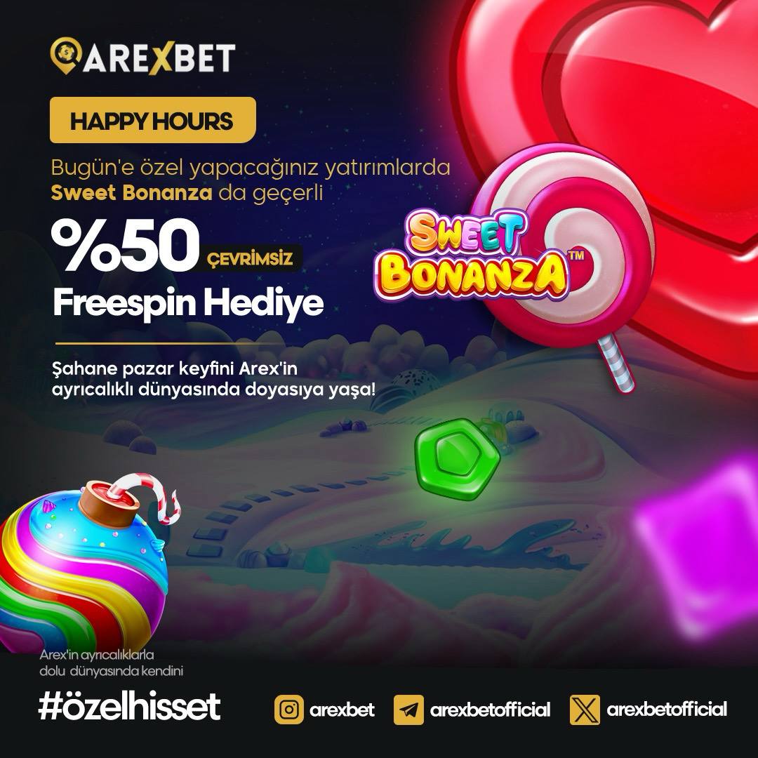 📣 #ArexBet 'in kazandıran dünyasında Şeker Tadında Cumartesi seni bekliyor! 🎁Bu akşam yapacağınız yatırımlara özel; 🍬Sweet Bonanza'da %50 Çevrimsiz Freespini al kazancı garantile! ⏰Bu etkinlik 23 Aralık 19:00-22:00 saatleri arasında geçerlidir. 🔗 t2m.io/arexbet