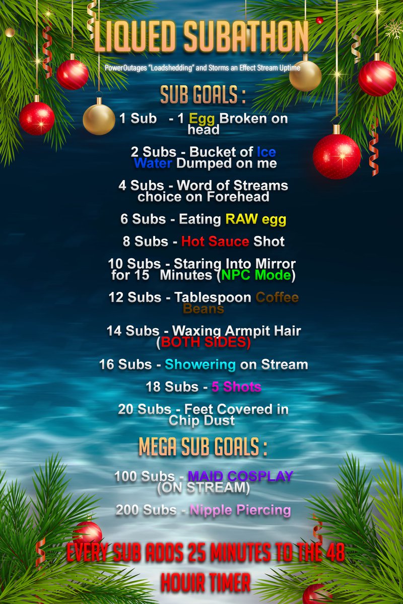 xLiqued's tweet photo. 🎄Christmas SUBATHON on #Twitch Starting 6 PM 24th of December 🎄
1 Sub = 30 Minutes Added to the Set 48 Hour Timer
Every Sub = 1 Shot
"Loadshedding and weather causing power outages are out of my Control " https://t.co/6T58xLdiL8