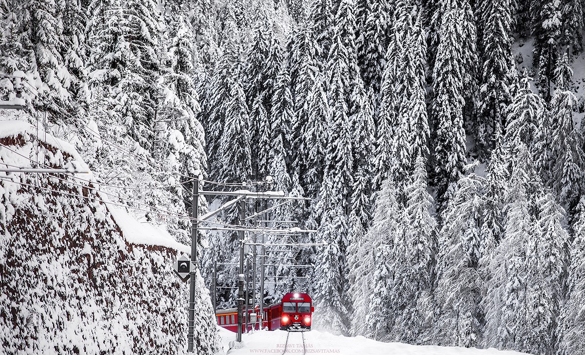 Un convoi (rame d'ancienne génération poussée par un engin moteur) des #RhB se fraie une route sur la neige fraichement tombée grâce aux rails à l'approche de #SaintMoritz dans les Grisons en #Suisse.
Auteur : Tamas Rizsavi par RailPictures.net