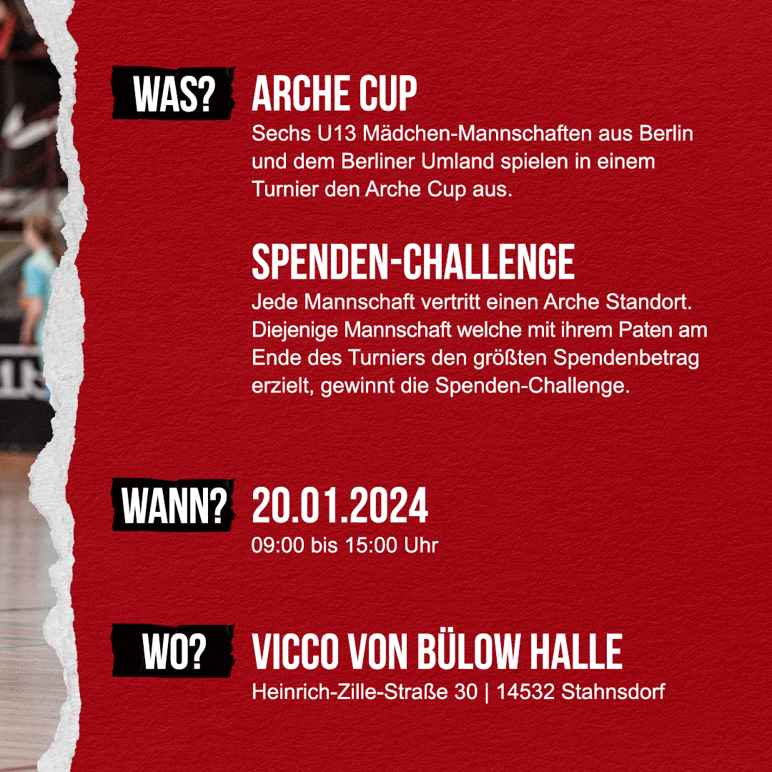 HerthaBSC's tweet photo. Am 20.01.2024 findet der #ArcheCup statt. Fabi #Reese & Flo #Niederlechner sind für 2⃣ Teams als Spendenpaten mit dabei! 🫶 Das Team mit dem größten Spendenbetrag gewinnt das Turnier. 🙌
Mehr Infos: https://t.co/uCMbdg9Okt ⬅️
#HaHoHe https://t.co/dGCExdpatd