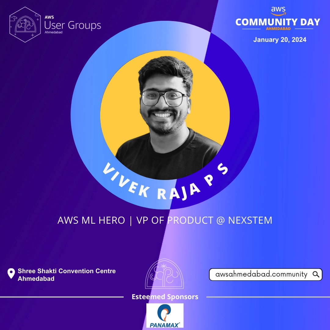 Join @VivekRaja007 AWS ML Hero & VP of Product at nexstem for an exclusive session at AWS Community Day Ahmedabad 2024!!! awsahmedabad.community #aws #awscloud #awsugahm #awscommunity #awscommunityday