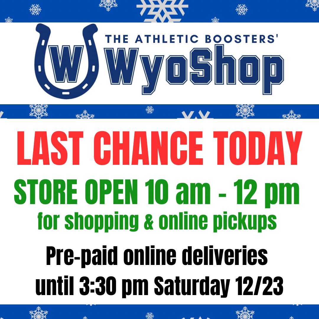 Wyoming Athletic Boosters (@wyoboosters) on Twitter photo After today, we’ll be closed until JANUARY. No store hours, online pickups or deliveries until 2024. Happy Holidays! wyoshop.org
<a href="/WyomingSports/">Wyoming Athletics</a> After today, we’ll be closed until JANUARY. No store hours, online pickups or deliveries until 2024. Happy Holidays! wyoshop.org
<a href="/WyomingSports/">Wyoming Athletics</a>
