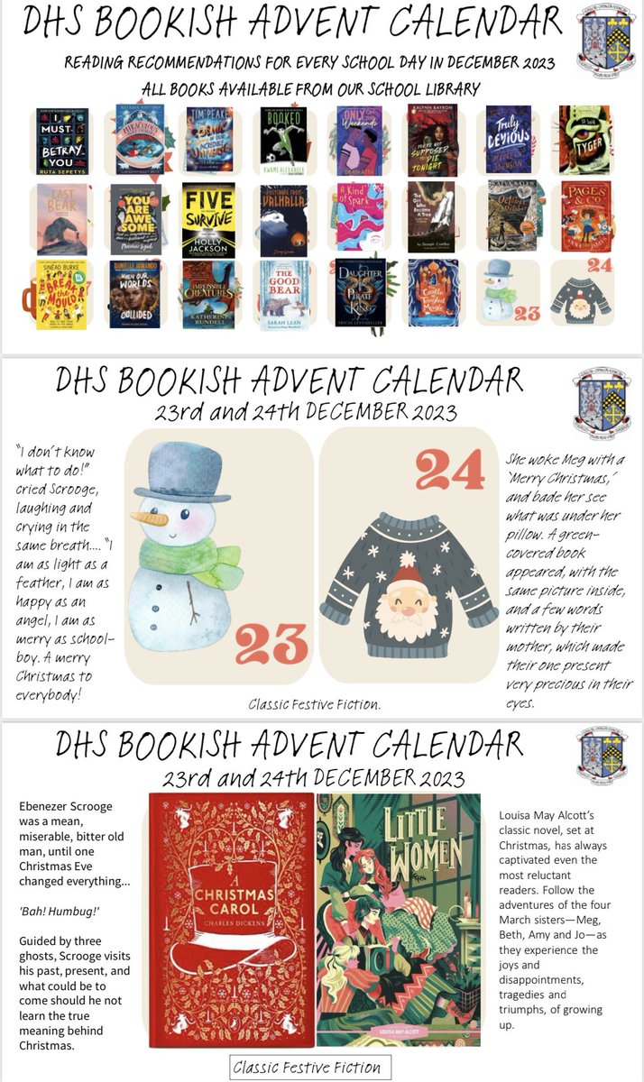 DHSFifeEnglish's tweet photo. We’ve got two final books to recommend in our bookish advent calendar! ‘A Christmas Carol’ by Charles Dickens and ‘Little Women’ by Louisa May Alcott are the English Department’s favourite festive classics! 24 brilliant books for December, all available in school @DunfermlineHS https://t.co/NKXMNDwsWo