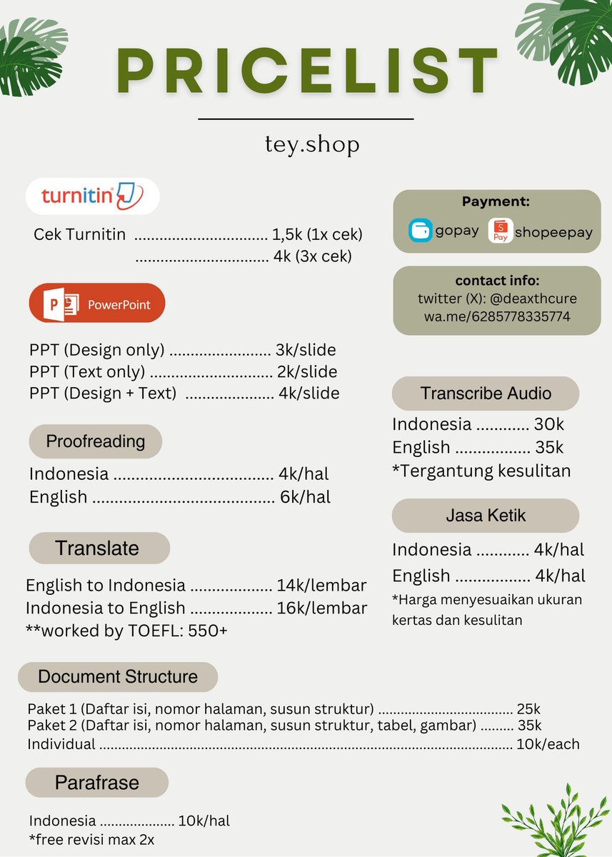 open jasa cek turnitin, input tugas ke ppt, translate, proofreading, jasa ketik, parafrase, translate, dll

kindly check availability through WhatsApp (bio) ¡! ❞

#zonauang #zonajajan #zonaBU #tugaskuliah #translation