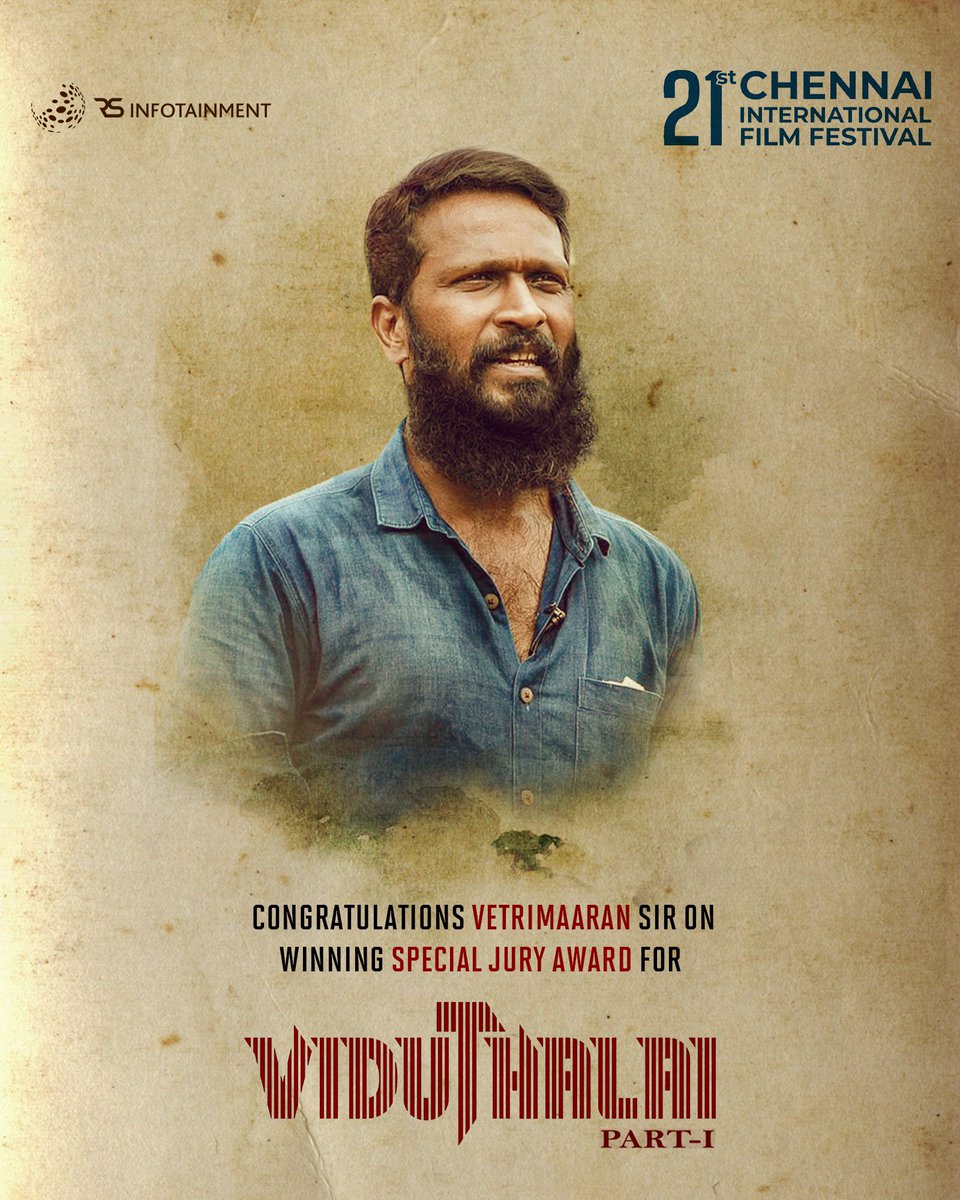 We are so elated to announce that ViduthalaiPart1 has bagged Special Jury Award at the 21st Chennai International Film Festival 2023(CIFF)🎬 #ciff #Vetrimaaran @ilaiyaraaja @VelrajR @VijaySethuOffl @sooriofficial @BhavaniSre #viduthalaipart1