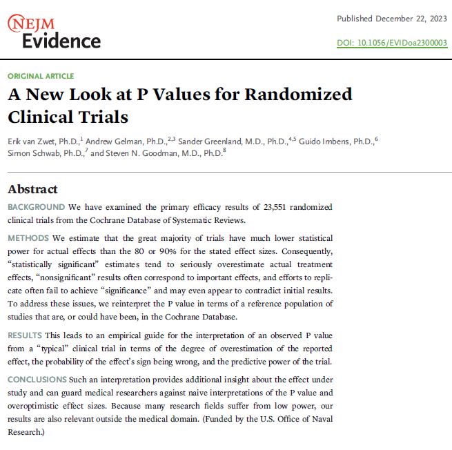 Don't like p-values? We're presenting a completely new interpretation in the context of clinical trials. With Andrew Gelman, Sander Greenland, @guido_imbens Simon Schwab and Steve Goodman. @Lester_Domes @goodmanmetrics @NEJMEvidence evidence.nejm.org/stoken/default…