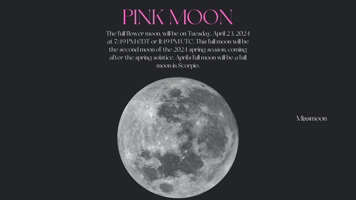 The fourth full moon of 2024, also known as the full flower moon, will be on Tuesday, April 23, 2024 at 7:49 PM EDT or 11:49 PM UTC. This full moon will be the second moon of the 2024 spring season, coming after the spring solstice.
