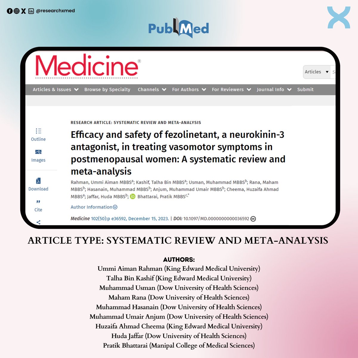 researchxmed's tweet photo. The addition of another research paper to our list of published works marks an exciting development! Under the guidance of Dr. Muhammad Hasanain and Dr. Umair Anjum, a group of mentored individuals has recently had a Systematic Review and Meta-analysis.

#researchX https://t.co/cpuy1XvUAo