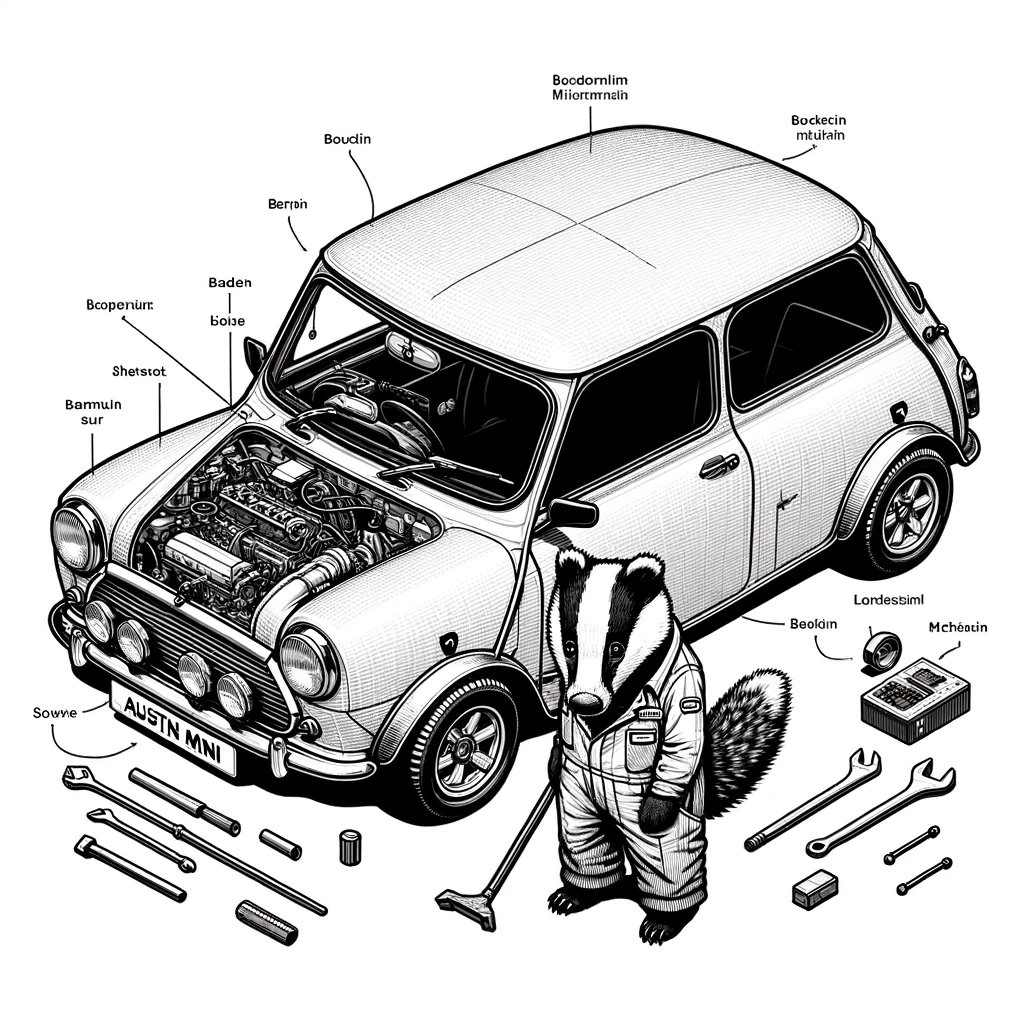 So important to keep your Austin Mini properly serviced. Badger's cousin Billy will sort it nicely. 🦡🚗🛠️🕷️🐱💕